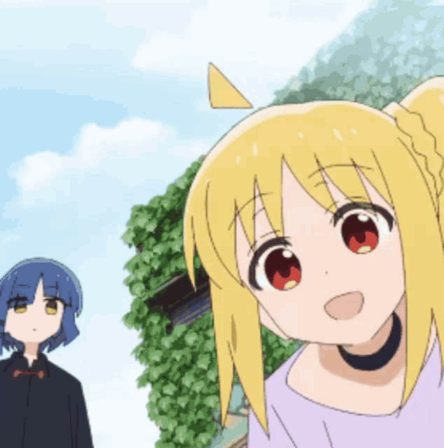 a girl with blonde hair and red eyes stands next to another girl with blue hair