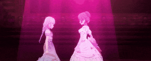 two anime girls are standing next to each other on a stage in a pink light .