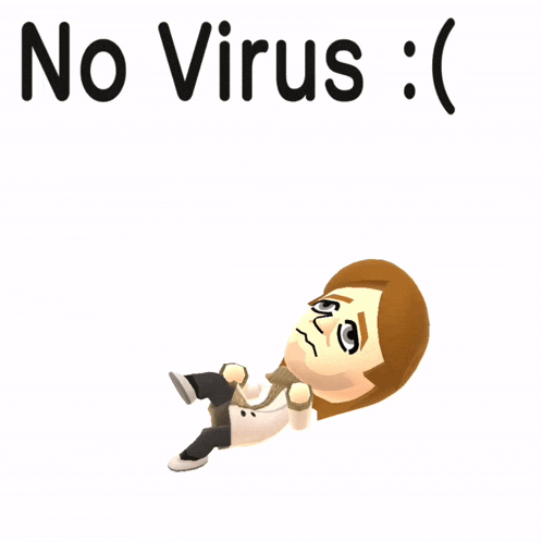 a cartoon character laying on the ground with the words " no virus " behind him
