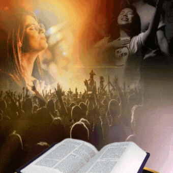 an open bible with a crowd behind it