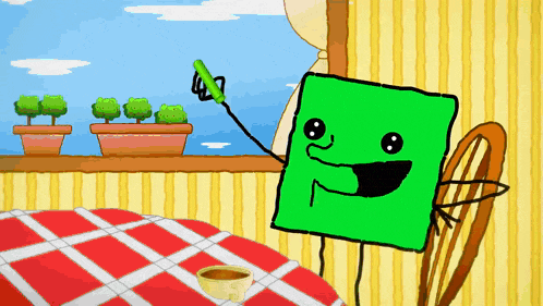 a green cartoon character is sitting at a table