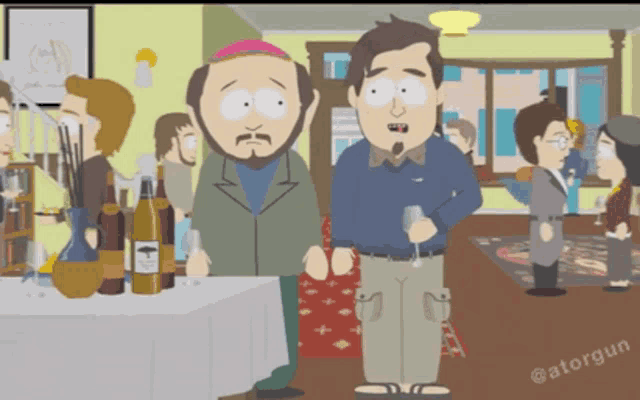 a cartoon of two men standing next to a table with bottles on it and the caption atorgun