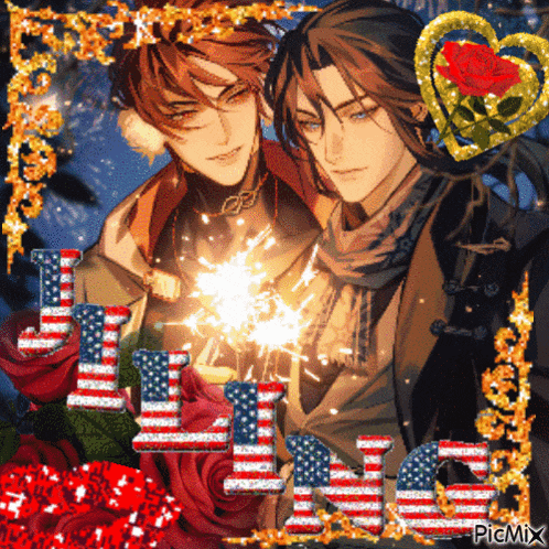 a picture of two men holding sparklers with the word united states in the background