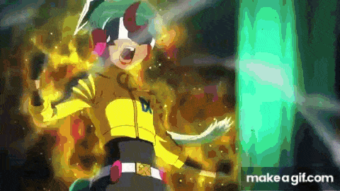 a cartoon character with a yellow jacket and green hair is standing in front of a green shield .