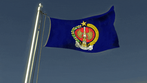 a blue flag with a red emblem that says " jakarta " on it