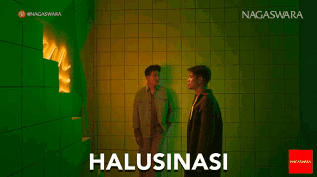 two men standing next to each other in a room with the word halusinasi on the bottom right