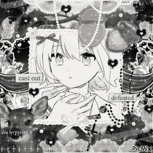 a black and white drawing of a girl with the words cast out defeated on the bottom