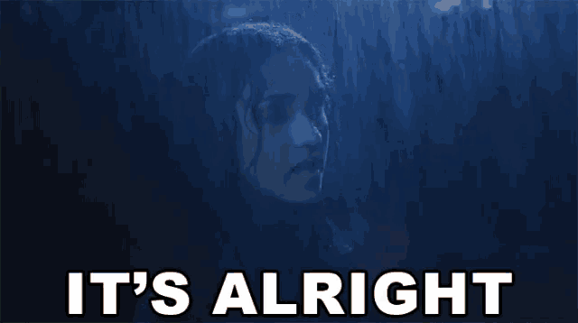 a woman in a leather jacket is standing in the rain with the words `` it 's alright '' .