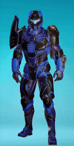 a blue and black armored figure with a shield