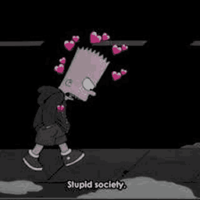 bart simpson is walking down the street in a black and white photo with hearts around his head .