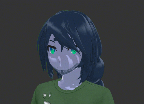 a girl with blue hair and green eyes is wearing a green shirt with holes in it