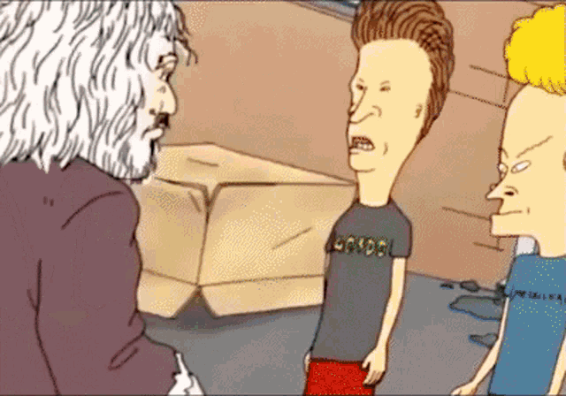 a cartoon of beavis and butthead talking to a man