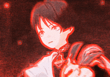 a red and white drawing of a person with a sword