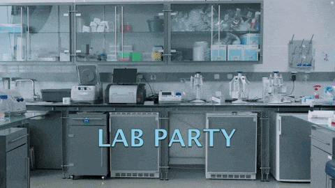 a lab with the words lab party written in blue