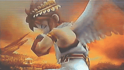 a cartoon character with wings is standing in front of a sunset .