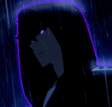 a cartoon character with purple eyes and a hood is standing in the rain