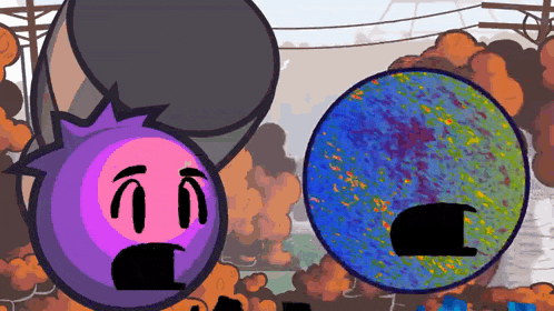 a cartoon of a purple and a blue ball with faces on them