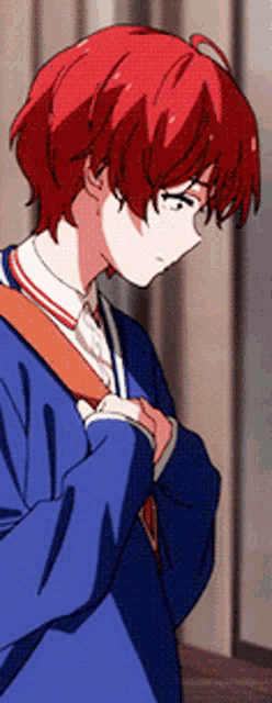 a cartoon character with red hair and a blue jacket