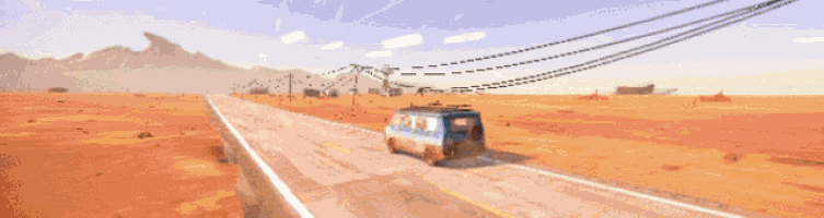 a van is driving down a desert highway with mountains in the background