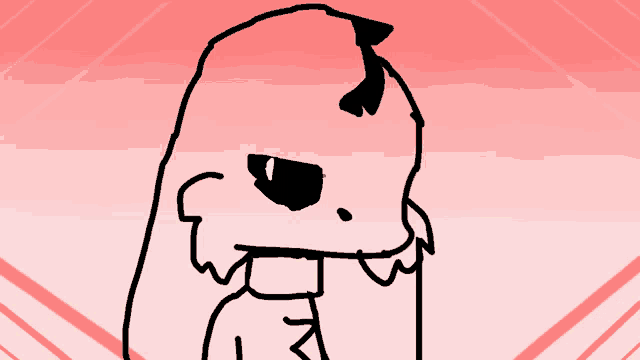 a black and white drawing of a cartoon character with a red background