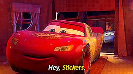 a lightning mcqueen from the movie cars says " hey stickers "
