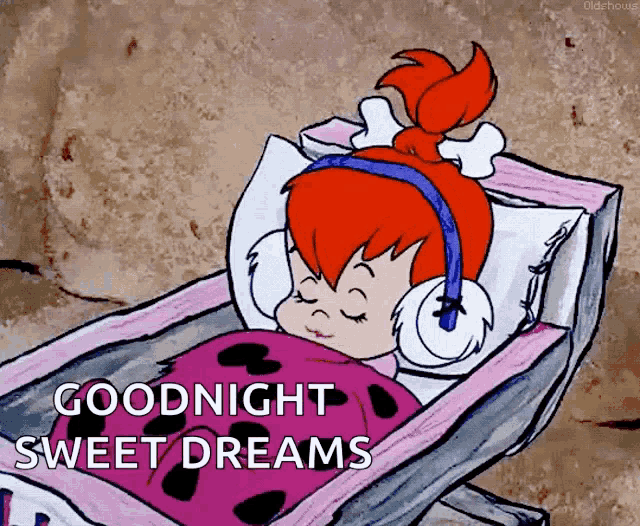 a cartoon of a girl sleeping in a bed with the words goodnight sweet dreams below her