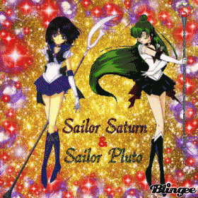 a picture of sailor saturn and sailor pluto on a gold background