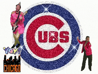 a chicago cubs logo with a clown and a man in front of it