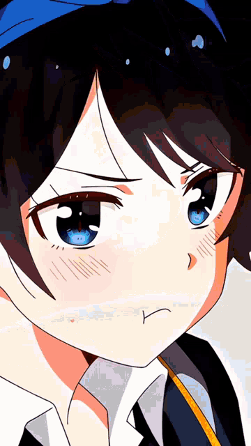 a close up of a girl with blue eyes and a blue headband