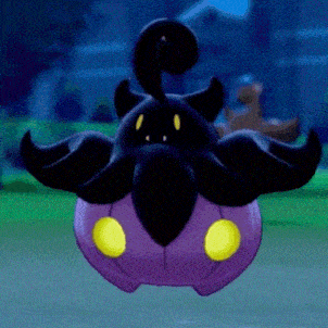 a black and purple cartoon character with yellow eyes is flying through the air .