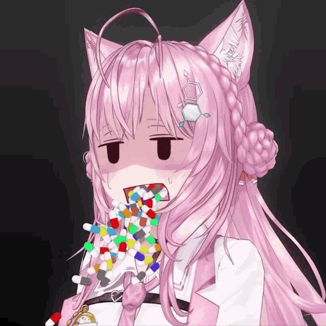a girl with pink hair and a cat ear is eating pills