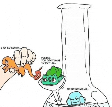 a cartoon of a person holding a pokemon next to a bong with a pokemon inside of it .