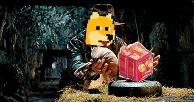 a pixelated image of a man holding a cube that says " treasure " on it