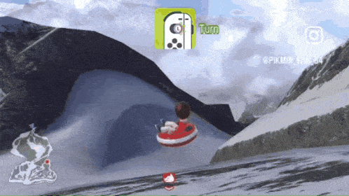 a video game screen shows a person riding a tube down a snowy hill