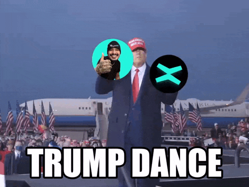 a man in a suit and tie is holding a green x and says trump dance