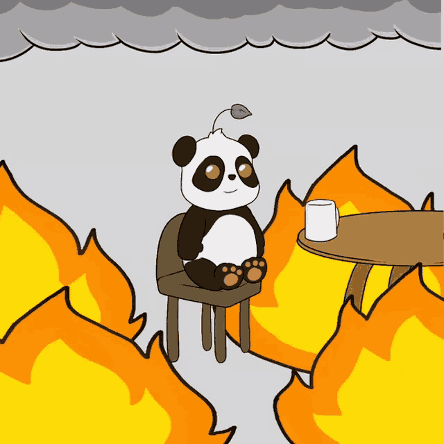 a cartoon of a panda sitting at a table with flames behind him