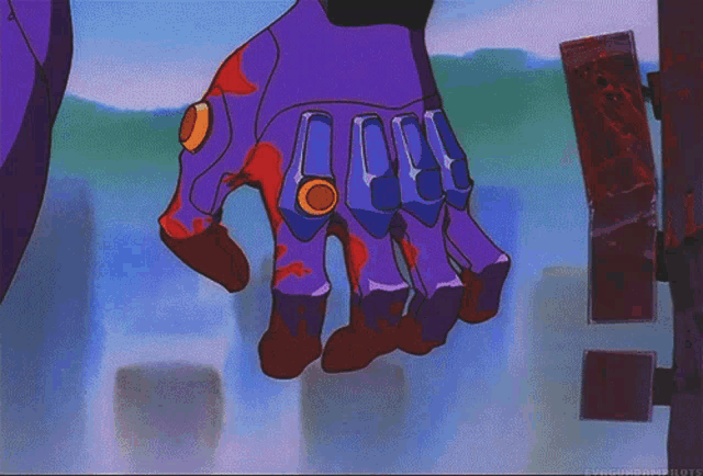 a close up of a purple glove with a red circle in the middle