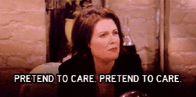 a woman is sitting on a couch and saying pretend to care