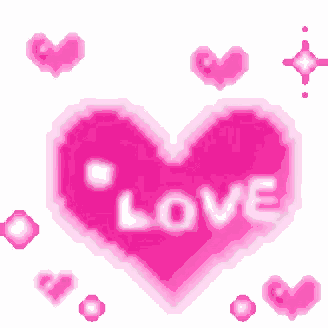 a pixel art of a pink heart with the word love on it