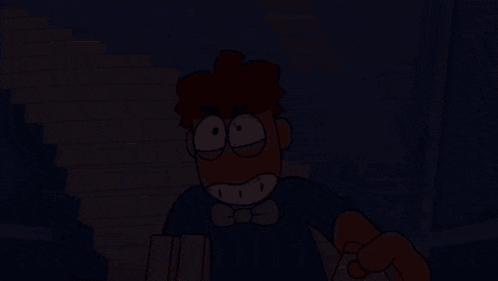 a cartoon character with red hair and a bow tie is standing in front of stairs .