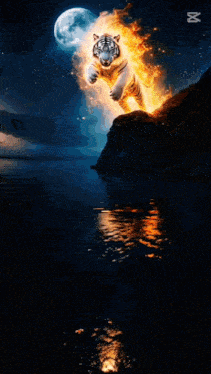 a fire tiger is reflected in the water with a full moon behind it