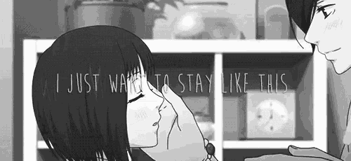 a black and white drawing of a man touching a woman 's face with the words i just want to stay