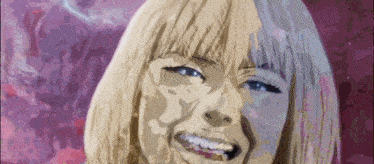 a close up of a woman 's face with a pink background