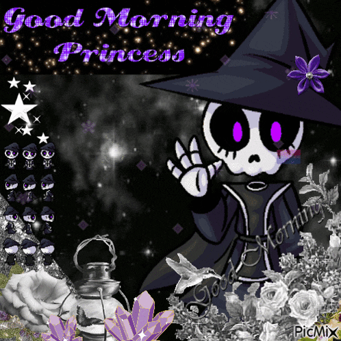 a picture of a skeleton wearing a witch hat with the words good morning princess