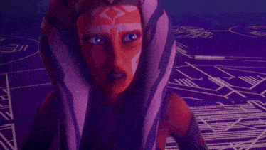 a close up of a cartoon character with purple hair