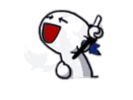 a white cartoon character with a blue bow on his head is pointing up .