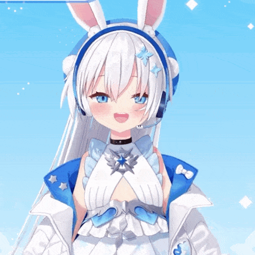 a girl with white hair is wearing headphones and smiling and says i love you