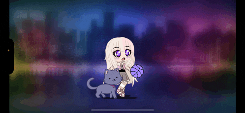 a girl with purple eyes is holding a basketball next to a cat