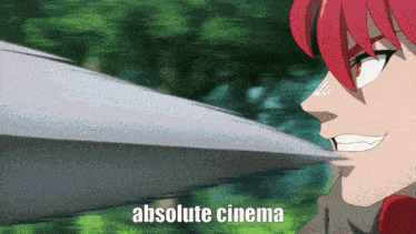 a cartoon character with red hair is holding a sword in his mouth with the words absolute cinema written below it