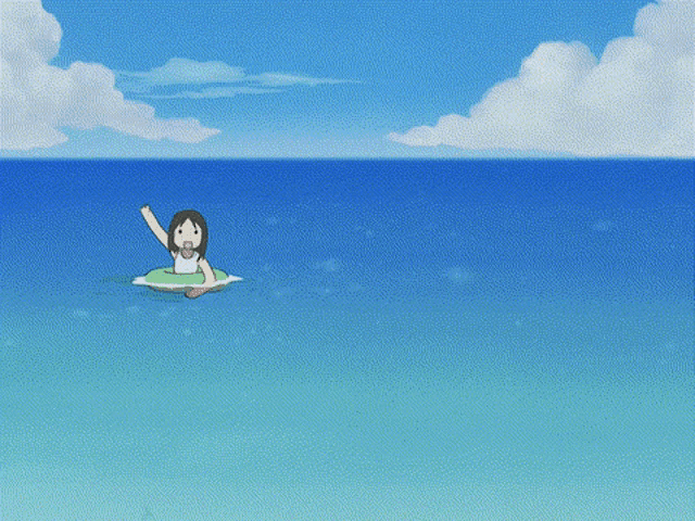a cartoon of jesus floating on a green float in the ocean